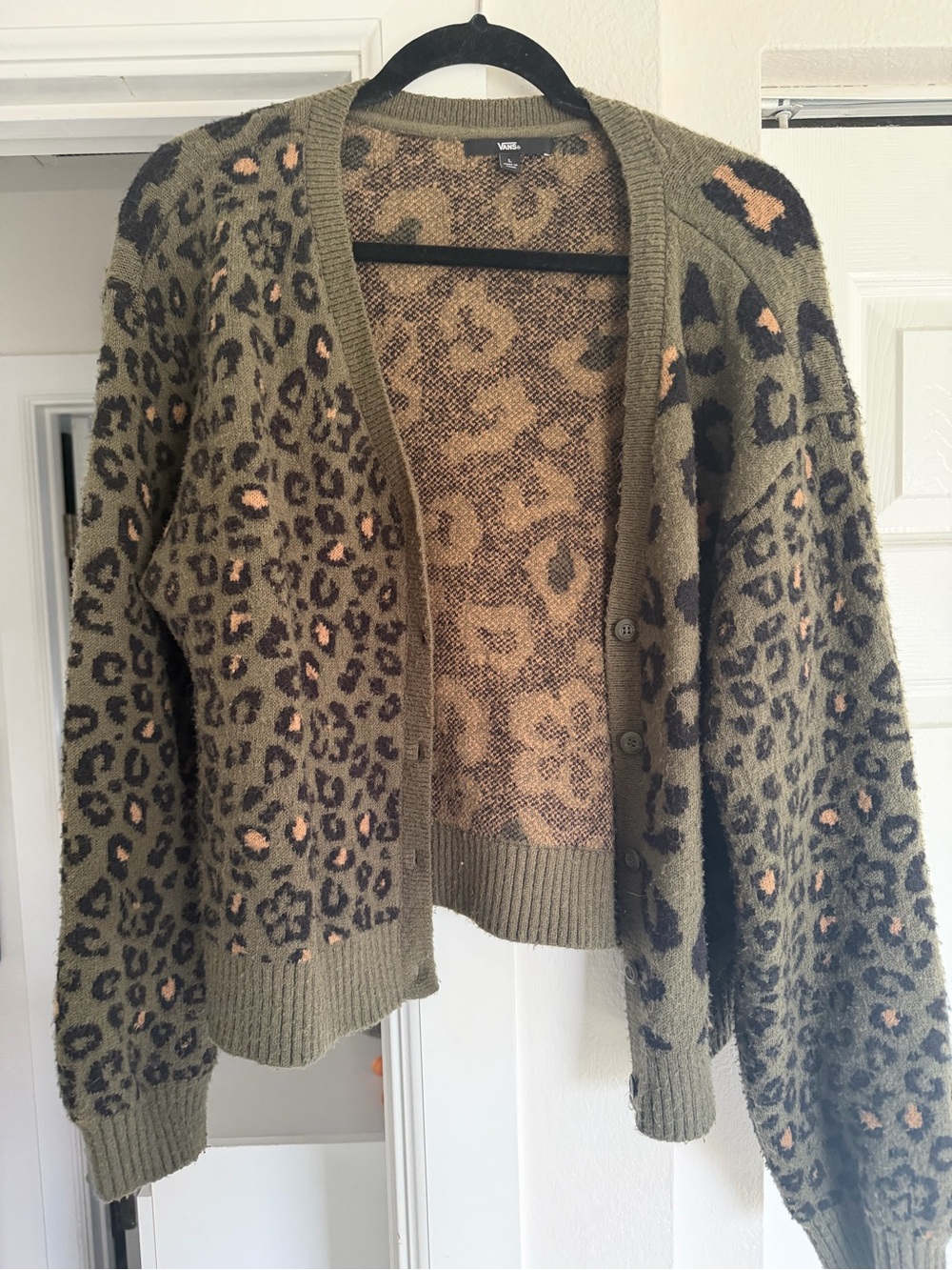 Vans Olive Green Leopard Print Cardigan with Black and Tan Accents